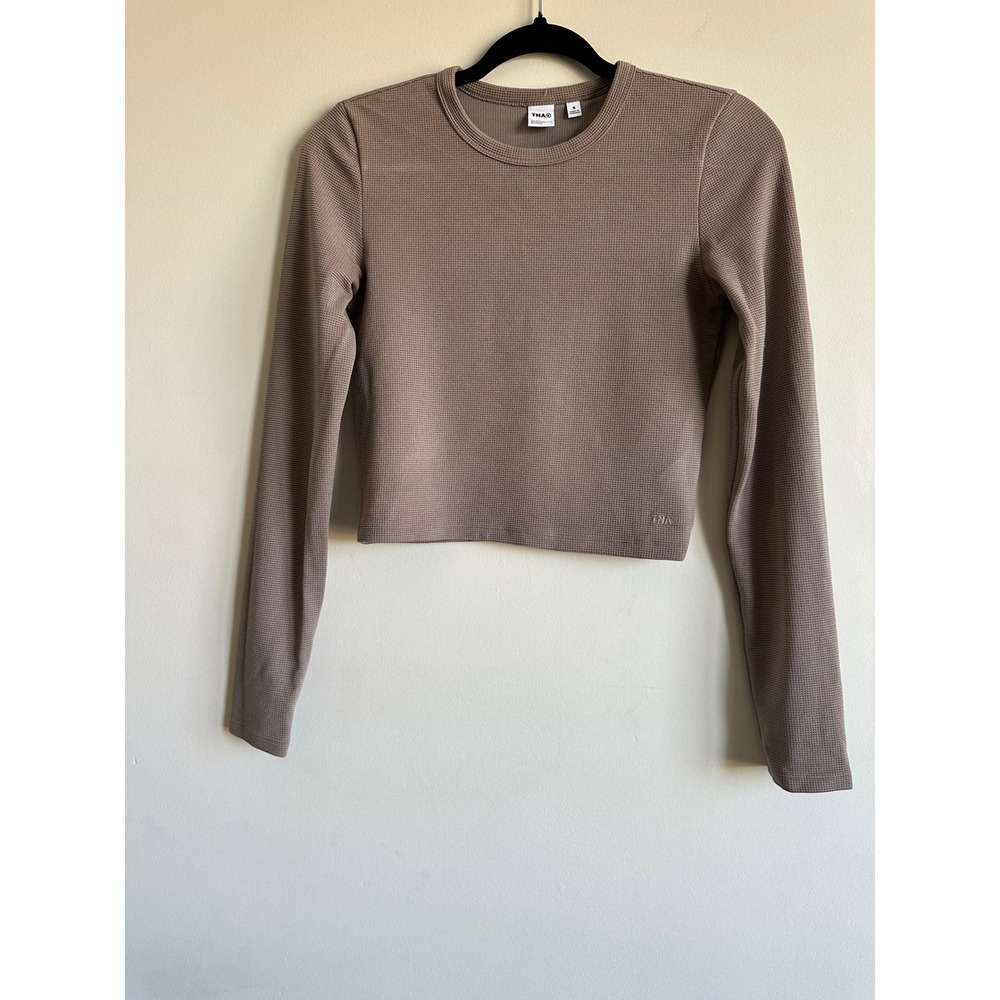 TNA Aritzia Waffle Knit Cropped Long Sleeve Thermal Top Taupe Brown Small